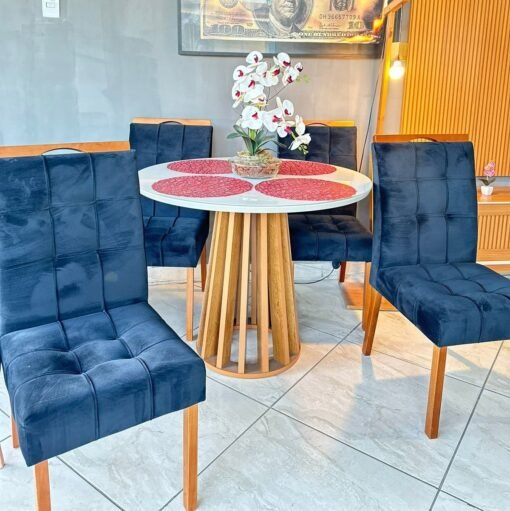 Mesa Redonda Berlim 100 Cinamono/Off White com 4 Cadeiras Sophia Veludo Azul – CEL MÓVEIS + WM DECOR