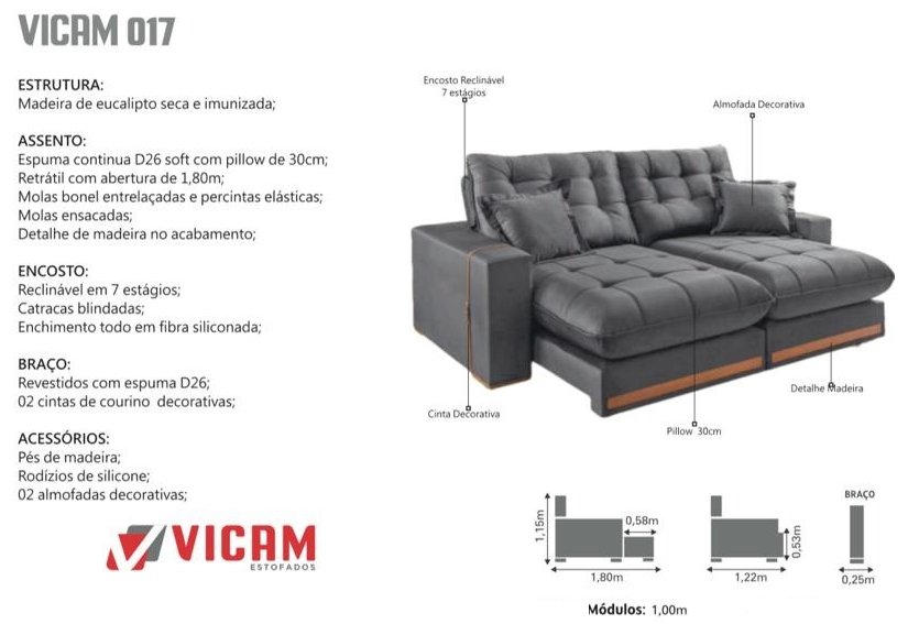 Sofá Retrátil e Reclinável Ártemis 017 2,50 m Veludo Preto - VICAM ESTOFADOS - Imagem 2