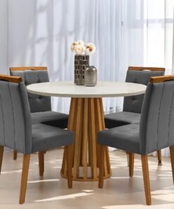 Mesa Redonda Berlim 100 Cinamono/Off White com 4 Cadeiras Sophia Veludo Cinza Grafite– CEL MÓVEIS + WM DECOR