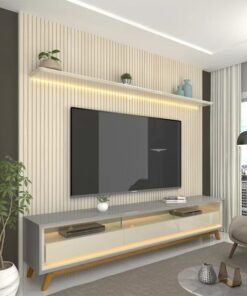 Painel até 85" Nobre 230 Off White + Rack Requinte 212 Cinza/Off White - GELIUS