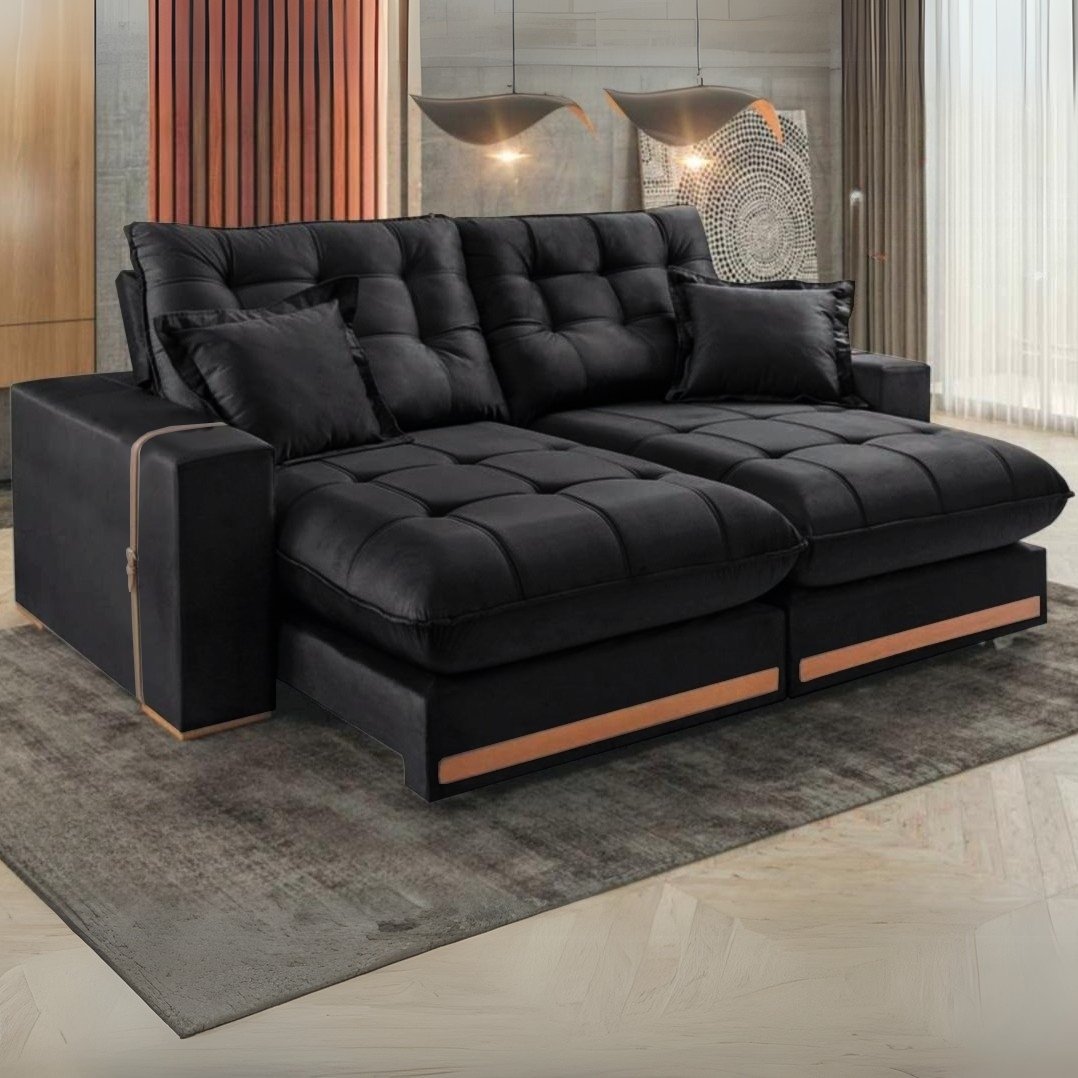 Sofá Retrátil e Reclinável Ártemis 017 2,50 m Veludo Preto - VICAM ESTOFADOS