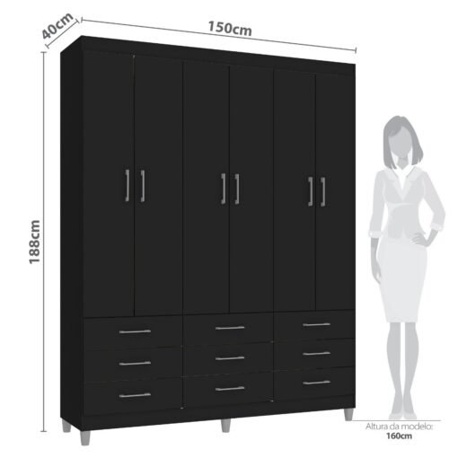 Guarda-Roupa 6 Portas Paraty 3690 1,50 m Preto - FELLICCI - Imagem 4