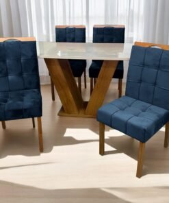 Mesa Classic 120 Cinamomo/Off White com 4 Cadeiras Sophia Mel/Veludo Azul – CEL MÓVEIS + WM DECOR