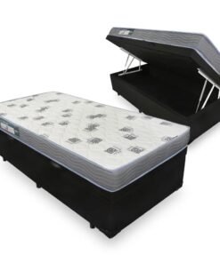 Colchão Solteiro Light D33 + Base Box Baú Corino Preto – ORTOBOM + ALTO NÍVEL CAMAS E COLCHÕES