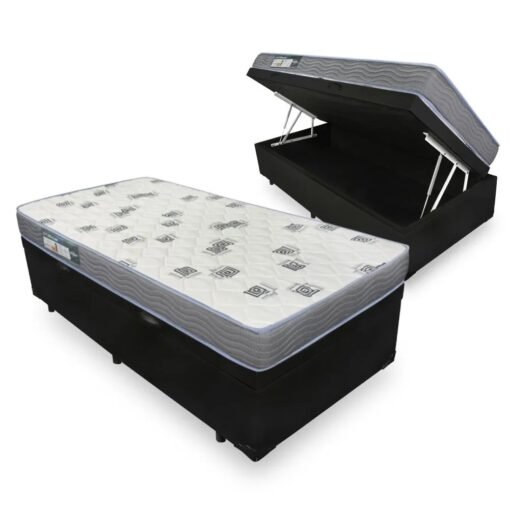 Colchão Solteiro Light D33 + Base Box Baú Corino Preto – ORTOBOM + ALTO NÍVEL CAMAS E COLCHÕES