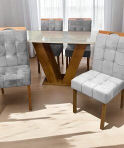 Mesa Classic 120 Cinamomo/Off White com 4 Cadeiras Sophia Mel/Linho Cinza Grafite – CEL MÓVEIS + WM DECOR
