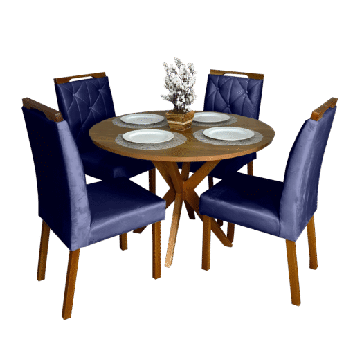 Mesa Redonda Simpatia 108 Cinamono com 4 Cadeiras Yasmim Veludo Azul – JCM MOVELARIA + KM DECOR - Imagem 2