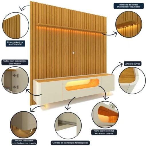 Painel Nobre 230 Naturale + Rack Nobre 210 (Pés de Vidro) Off White/Naturale - GELIUS - Imagem 3
