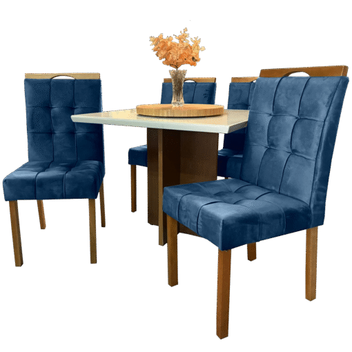 Mesa Salinas 90 Cinamomo/Off White com 4 Cadeiras Sophia Veludo Azul – AVALON DECOR + WM DECOR - Imagem 3