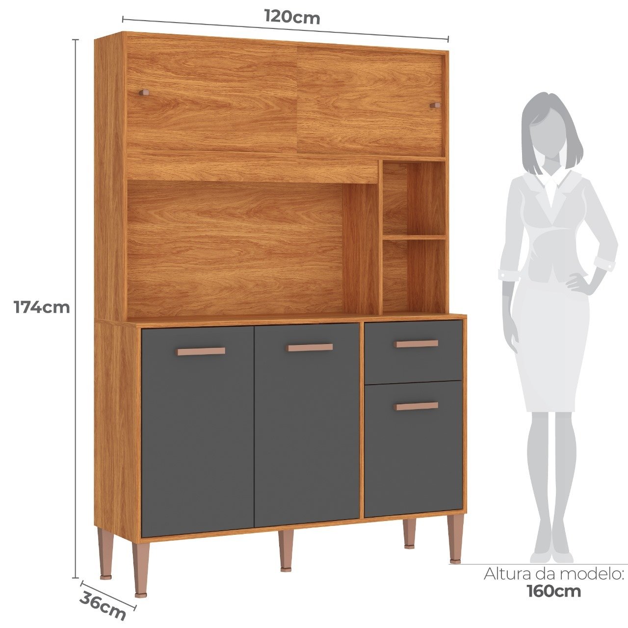 Kit Cozinha Pérola C212 1,20 m Cinamono/Grafite - FELLICCI - Imagem 3