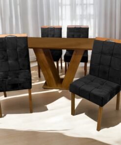 Mesa Classic 120 Cinamomo Laminado com 4 Cadeiras Sophia Mel/Veludo Preto – CEL MÓVEIS + WM DECOR