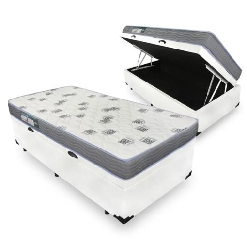 Colchão Solteiro Light D33 + Base Box Baú Corino Branco – ORTOBOM + ALTO NÍVEL CAMAS E COLCHÕES