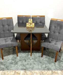 Mesa Madri 90x90 Cinamono/Preto com 4 Cadeiras Sophia/Capri Veludo Cinza Grafite – MINASPLAC + WM DECOR