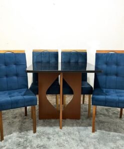 Mesa Madri 90x90 Cinamono/Preto com 4 Cadeiras Sophia/Capri Veludo Azul – MINASPLAC + WM DECOR