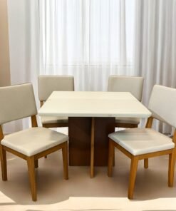 Mesa Salinas 90 Cinamomo/Off White com 4 Cadeiras Pérola Linho Bege– AVALON DECOR + DOBUÊ MOVELARIA