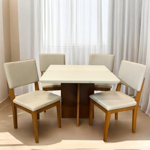 Mesa Salinas 90 Cinamomo/Off White com 4 Cadeiras Pérola Linho Bege– AVALON DECOR + DOBUÊ MOVELARIA