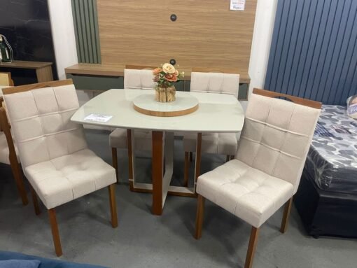 Mesa Atlas Mel/Off White Canto Barril 120×90 com 4 Cadeiras Sophia Mel/Linho Bege 200 – ART ASSENTOS + WM DECOR - Imagem 2