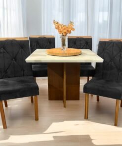 Mesa Salinas 90 Cinamomo/Off White com 4 Cadeiras Yasmim Veludo Preto – AVALON DECOR + KM DECOR