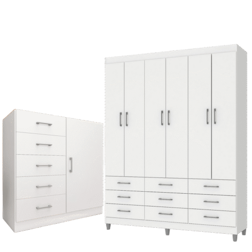 Guarda-Roupa 6 Portas Paraty 3690 + Cômoda 5 Gavetas Sapateira Miami Branco - FELLICCI - Imagem 2