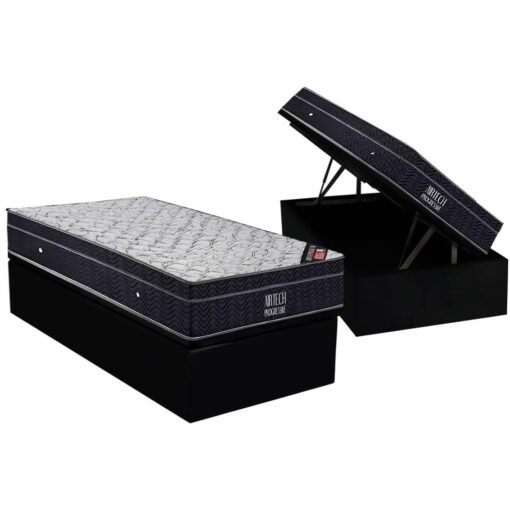 Colchão Solteiro Airtech Progressive D26 + Base Box Baú Corino Preto – ORTOBOM + ALTO NÍVEL CAMAS E COLCHÕES