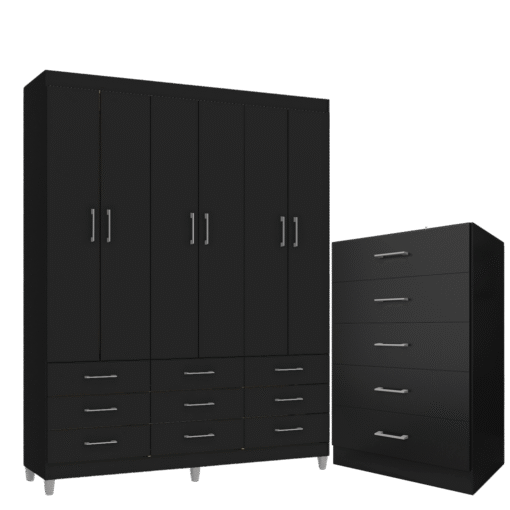 Guarda-Roupa 6 Portas Paraty 3690 + Cômoda 5 Gavetas Aruba Preto - FELLICCI - Imagem 2