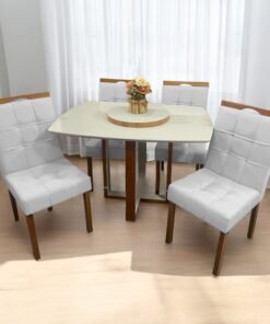Mesa Atlas Mel/Off White Canto Barril 120×90 com 4 Cadeiras Sophia Mel/Linho Cinza Prata 206 – ART ASSENTOS + WM DECOR