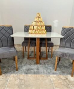 Mesa Pedro 120 Mel/Off White com 4 Cadeiras Stella Veludo Grafite – ART ASSENTOS + CLEFATOS DECOR