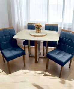 Mesa Atlas Mel/Off White Canto Barril 120×90 com 4 Cadeiras Sophia Mel/Veludo Azul – ART ASSENTOS + WM DECOR