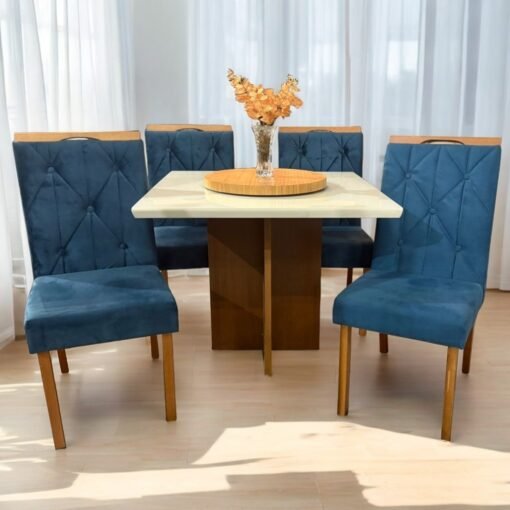 Mesa Salinas 90 Cinamomo/Off White com 4 Cadeiras Yasmim Veludo Azul – AVALON DECOR + KM DECOR
