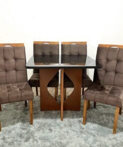 Mesa Madri 90x90 Cinamono/Preto com 4 Cadeiras Sophia/Capri Veludo Marrom – MINASPLAC + WM DECOR