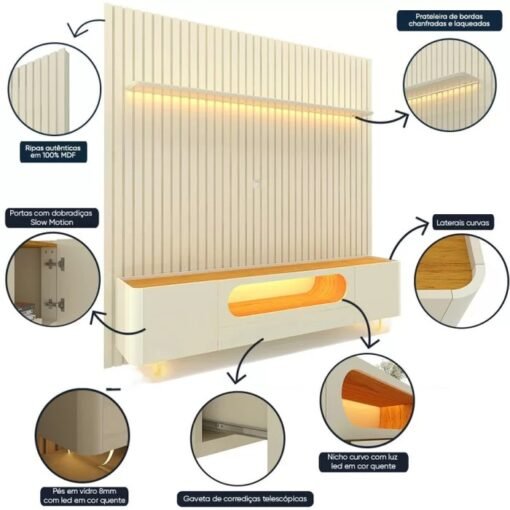 Painel Nobre 230 Off White + Rack Nobre 210 (Pés de Vidro) Off White/Naturale - GELIUS - Imagem 3