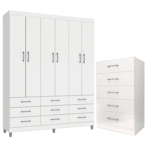 Guarda-Roupa 6 Portas Paraty 3690 + Cômoda 5 Gavetas Aruba Branco - FELLICCI - Imagem 2