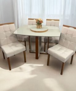 Mesa Atlas Mel/Off White Canto Barril 120×90 com 4 Cadeiras Sophia Mel/Veludo Bege – ART ASSENTOS + WM DECOR