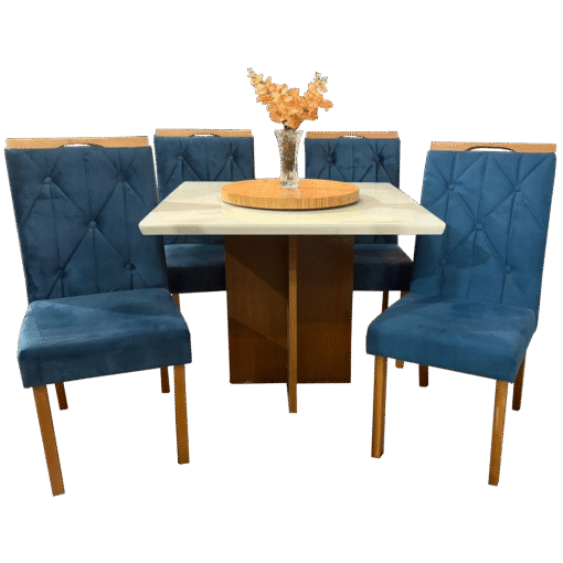 Mesa Salinas 90 Cinamomo/Off White com 4 Cadeiras Yasmim Veludo Azul – AVALON DECOR + KM DECOR - Imagem 3