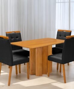 Mesa Recife 120 Cinamono Laminado com 4 Cadeiras Sophia Veludo Preto – CEL MÓVEIS + WM DECOR