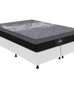 Colchão Queen New York + Base Box Simples Corino Branco – GAZIN + ALTO NÍVEL