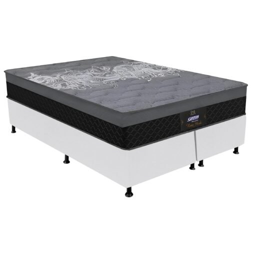 Colchão Queen New York + Base Box Simples Corino Branco – GAZIN + ALTO NÍVEL