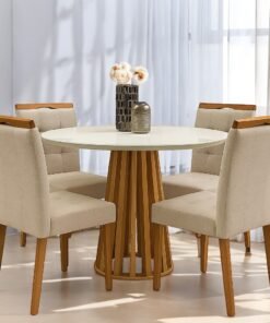Mesa Redonda Berlim 100 Cinamono/Off White com 4 Cadeiras Sophia Linho Bege 200 – CEL MÓVEIS + WM DECOR