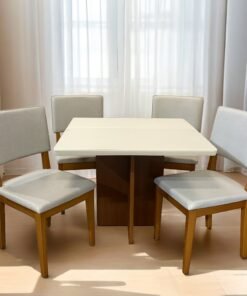 Mesa Salinas 120 Cinamomo/Off White com 4 Cadeiras Pérola Linho Cinza Prata – AVALON DECOR + DOBUÊ MOVELARIA