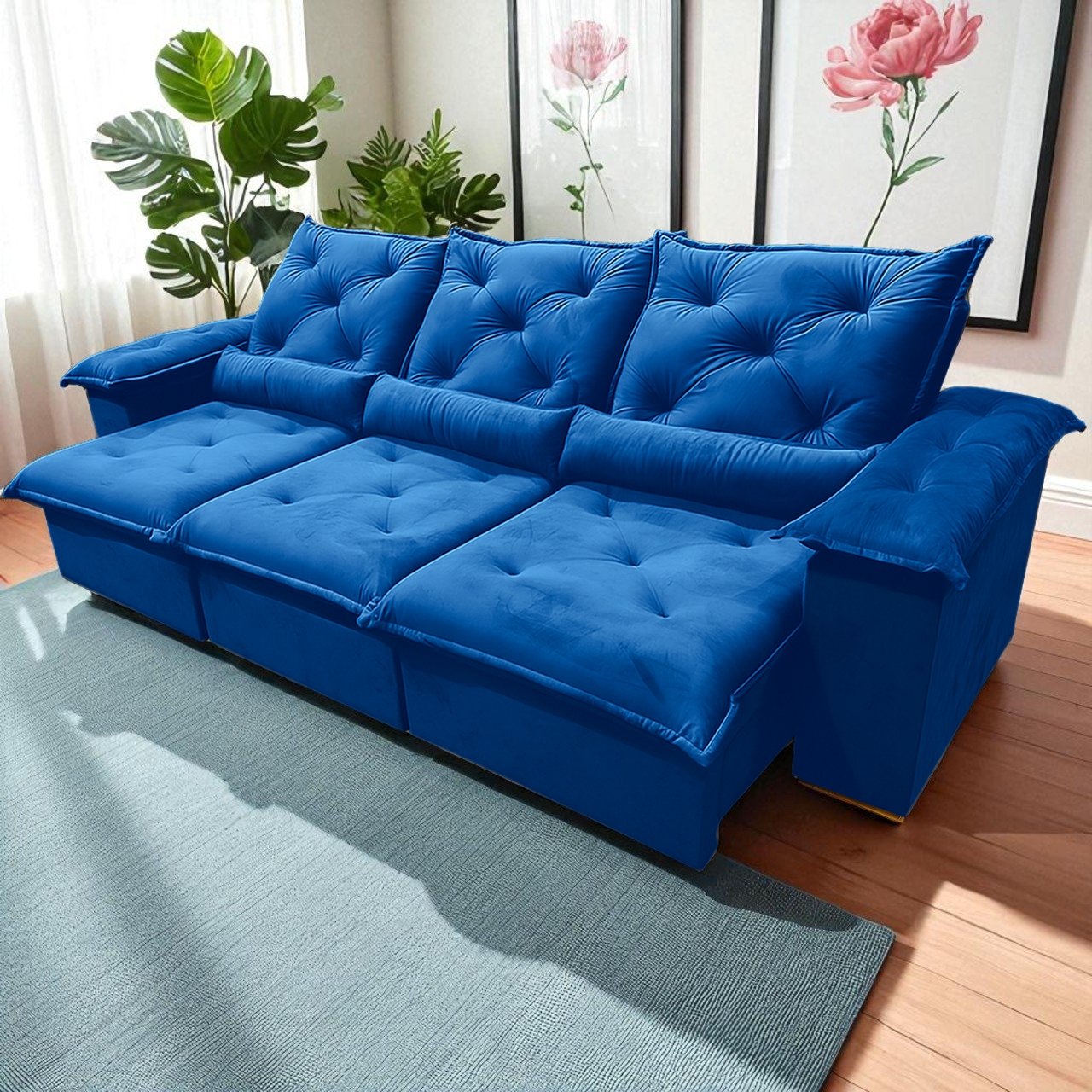 Sofá Retrátil e Reclinável Porto Madero 2,75 m Veludo Azul - IMPERIAL DECOR