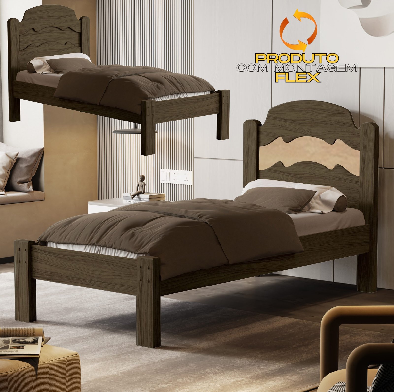 Cama Solteiro Íris Castanho Wood/Avelã/Castanho Wood - MADEC/VJ MÓVEIS