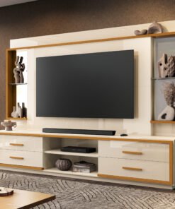 Home Theater até 75” Leni Off White/Cedro Natural - EDN MÓVEIS