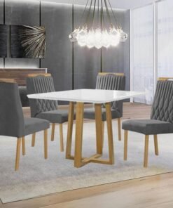 Mesa Pedro 90 Mel/Off White com 4 Cadeiras Gênova Veludo Grafite – ART ASSENTOS