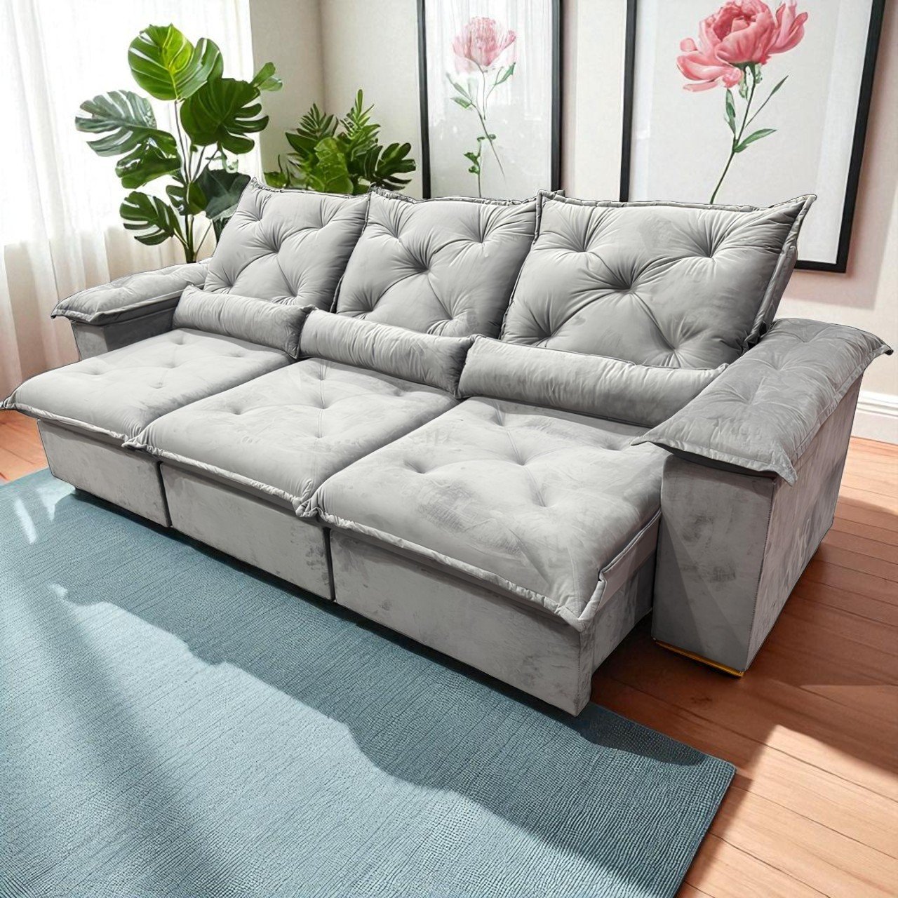 Sofá Retrátil e Reclinável Porto Madero 2,75 m Veludo Cinza Grafite - IMPERIAL DECOR