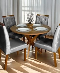 Mesa Redonda Simpatia 108 Cinamono com 4 Cadeiras Yasmim Veludo Cinza Grafite – JCM MOVELARIA + KM DECOR