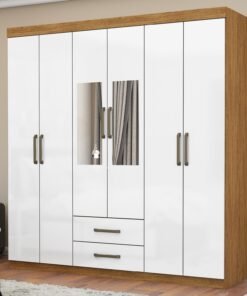 Guarda-Roupa 6 Portas(Com Espelho/Sem Pés)Áries Cinamono/Branco – CARIOCA MÓVEIS