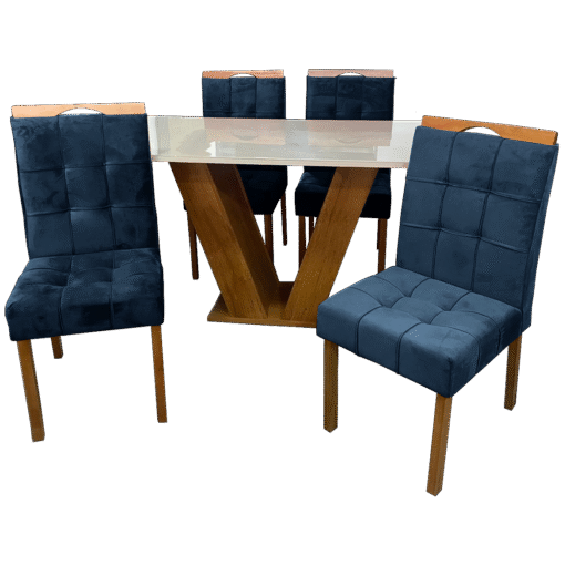 Mesa Classic 120 Cinamomo/Off White com 4 Cadeiras Sophia Mel/Veludo Azul – CEL MÓVEIS + WM DECOR - Imagem 3