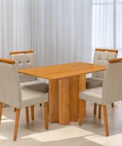 Mesa Recife 120 Cinamono Laminado com 4 Cadeiras Sophia Veludo Bege – CEL MÓVEIS + WM DECOR