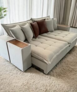 Sofá Cama Retrátil Tebas/Thebas/Gabriela 2,90 m Linho Cru 304/Corino Dalas - ZARAT ESTOFADOS