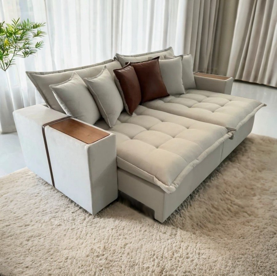 Sofá Cama Retrátil Tebas/Thebas/Gabriela 2,90 m Linho Cru 304/Corino Dalas - ZARAT ESTOFADOS